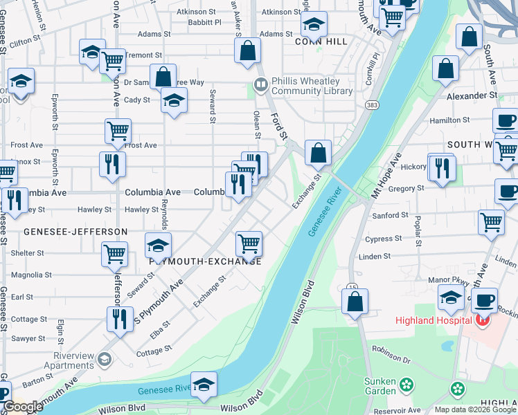 map of restaurants, bars, coffee shops, grocery stores, and more near 734 New York 383 in Rochester