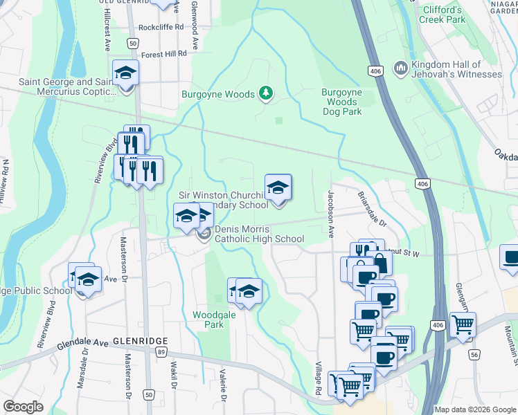 map of restaurants, bars, coffee shops, grocery stores, and more near 101 Glen Morris Drive in St. Catharines