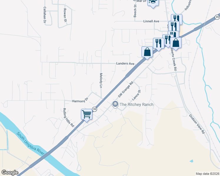 map of restaurants, bars, coffee shops, grocery stores, and more near 261 Bobwhite Street in Roseburg