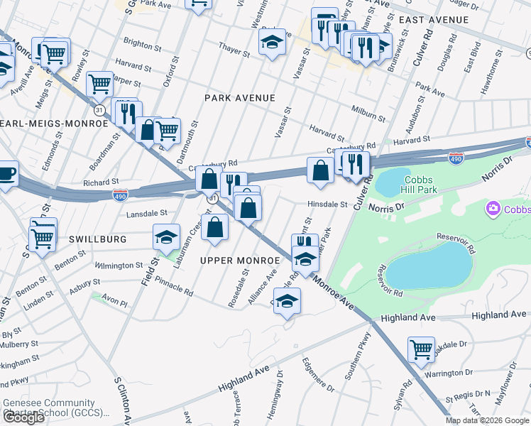 map of restaurants, bars, coffee shops, grocery stores, and more near 307 Rosedale Street in Rochester