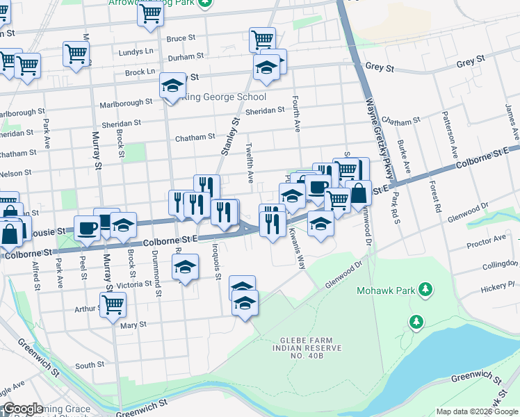 map of restaurants, bars, coffee shops, grocery stores, and more near 379 Darling Street in Brantford