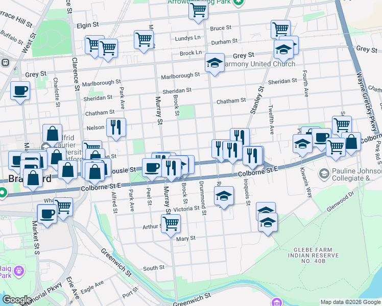 map of restaurants, bars, coffee shops, grocery stores, and more near 279 Darling Street in Brantford