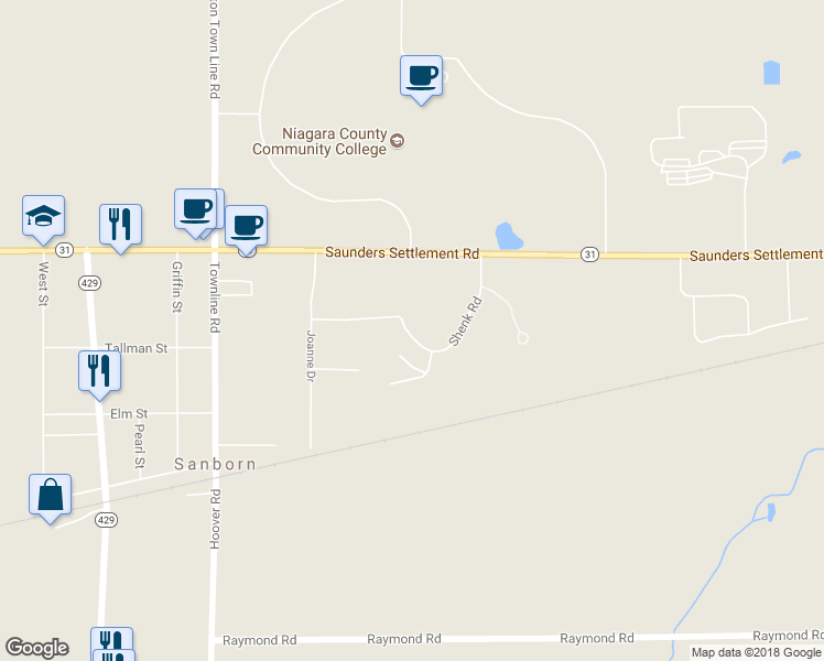 map of restaurants, bars, coffee shops, grocery stores, and more near 3072 Shenk Road in Sanborn