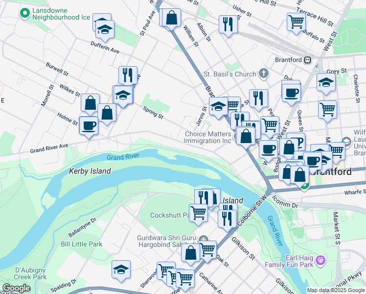 map of restaurants, bars, coffee shops, grocery stores, and more near 76 Grand River Avenue in Brantford