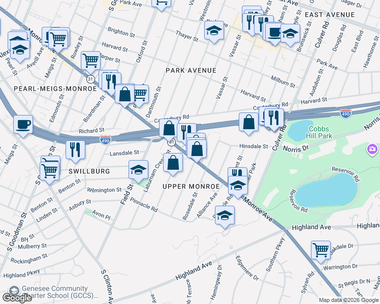 map of restaurants, bars, coffee shops, grocery stores, and more near 55 Luzerne Street in Rochester