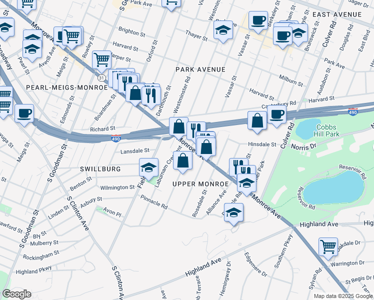 map of restaurants, bars, coffee shops, grocery stores, and more near 902 Monroe Avenue in Rochester