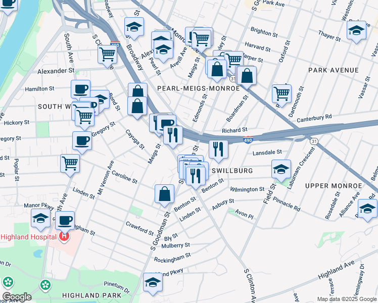 map of restaurants, bars, coffee shops, grocery stores, and more near 630 South Goodman Street in Rochester