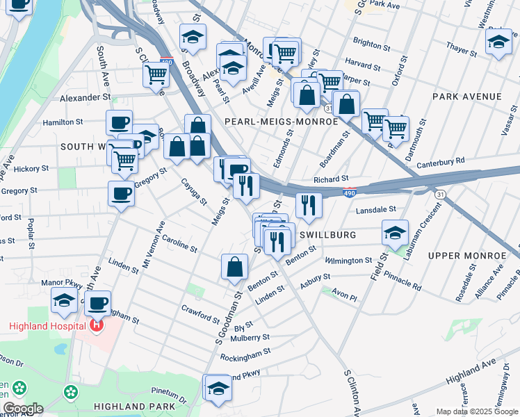 map of restaurants, bars, coffee shops, grocery stores, and more near 854 South Clinton Avenue in Rochester