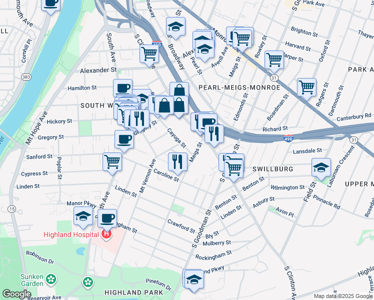 map of restaurants, bars, coffee shops, grocery stores, and more near 46 Cayuga Street in Rochester