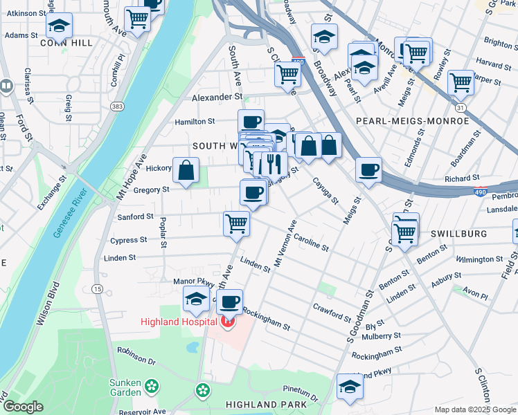 map of restaurants, bars, coffee shops, grocery stores, and more near in Rochester
