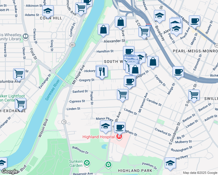 map of restaurants, bars, coffee shops, grocery stores, and more near 164 Ashland Street in Rochester