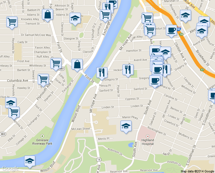 map of restaurants, bars, coffee shops, grocery stores, and more near 43 Gregory Street in Rochester
