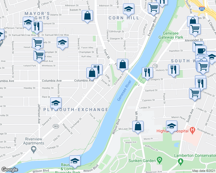 map of restaurants, bars, coffee shops, grocery stores, and more near 36 Doran Street in Rochester