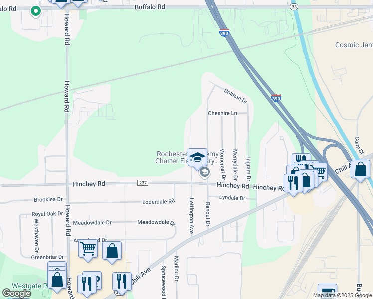 map of restaurants, bars, coffee shops, grocery stores, and more near 55 Lettington Avenue in Rochester