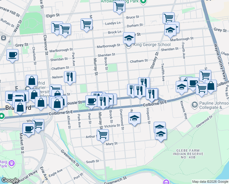 map of restaurants, bars, coffee shops, grocery stores, and more near 282 Darling Street in Brantford