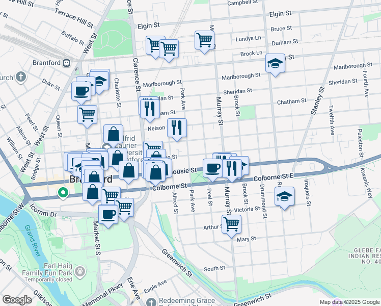 map of restaurants, bars, coffee shops, grocery stores, and more near 220 Darling Street in Brantford