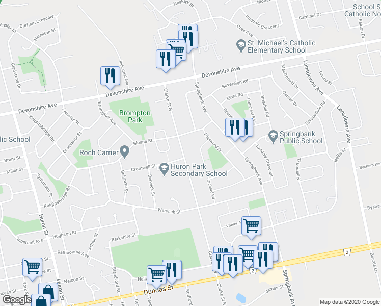 map of restaurants, bars, coffee shops, grocery stores, and more near 223 Orchard Road in Woodstock