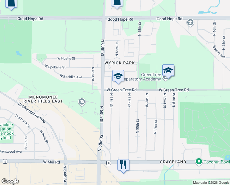 map of restaurants, bars, coffee shops, grocery stores, and more near 5700 West Green Tree Road in Milwaukee