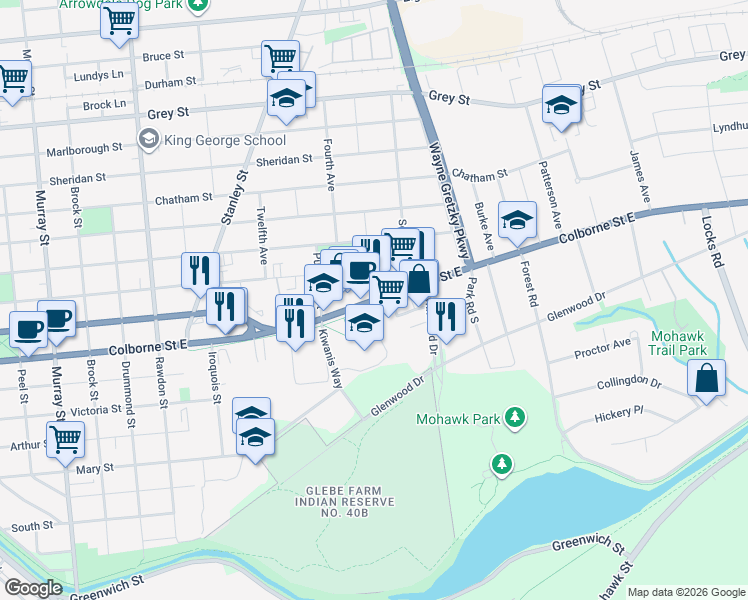 map of restaurants, bars, coffee shops, grocery stores, and more near Colborne Street East in Brantford