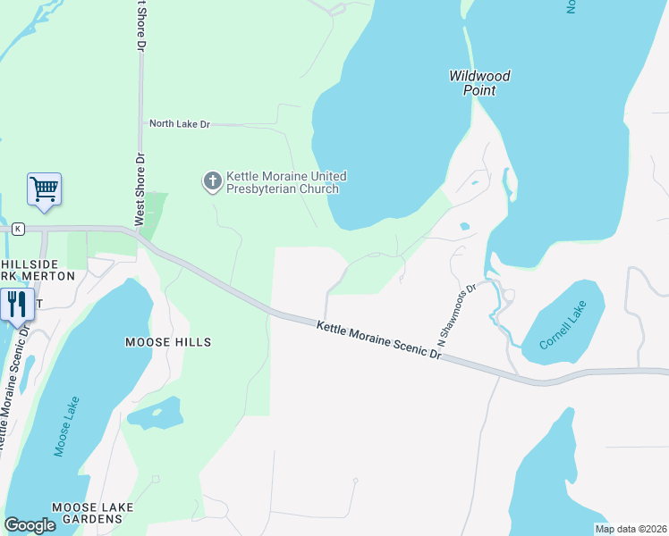 map of restaurants, bars, coffee shops, grocery stores, and more near W325N6824 North Lake Drive in Hartland