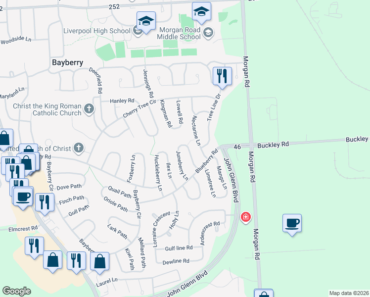 map of restaurants, bars, coffee shops, grocery stores, and more near 13 Nectarine Lane in Liverpool