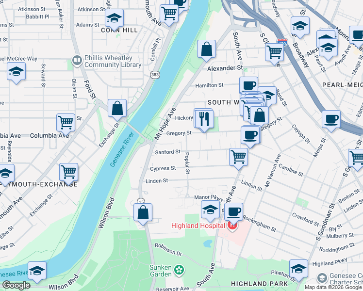 map of restaurants, bars, coffee shops, grocery stores, and more near 43 Gregory Street in Rochester