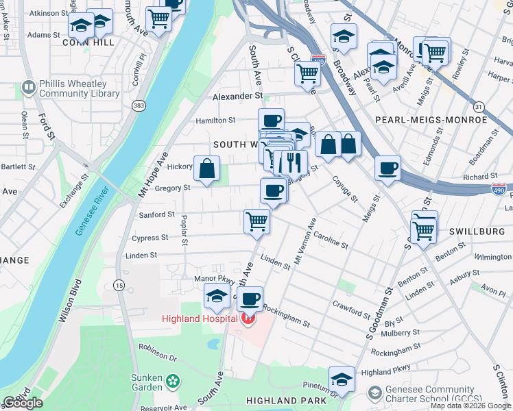 map of restaurants, bars, coffee shops, grocery stores, and more near 280 Sanford Street in Rochester