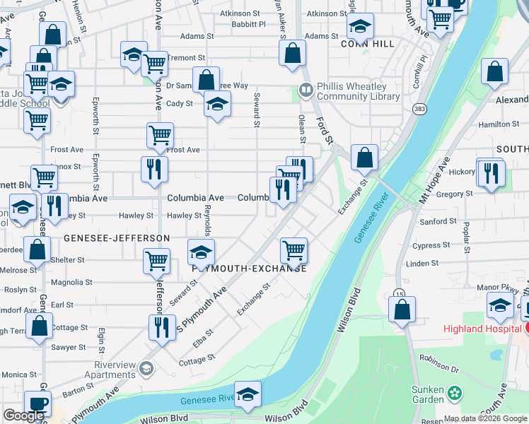 map of restaurants, bars, coffee shops, grocery stores, and more near 61 Columbia Avenue in Rochester
