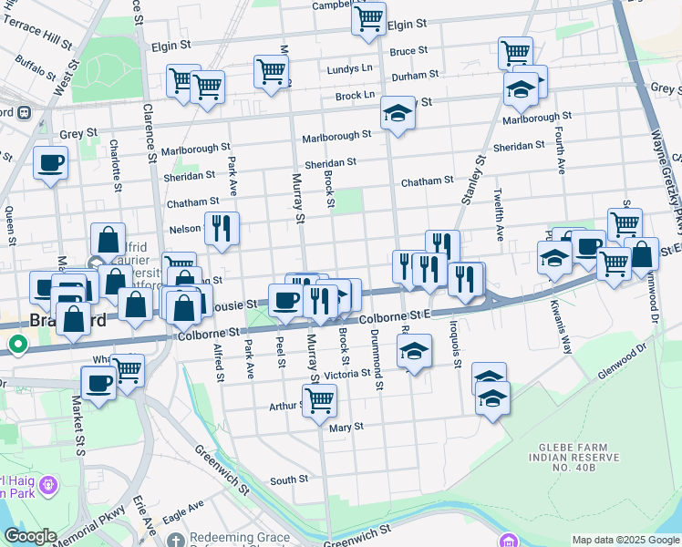 map of restaurants, bars, coffee shops, grocery stores, and more near 271 Darling Street in Brantford