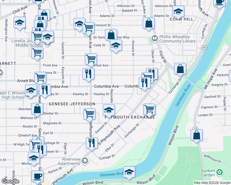 map of restaurants, bars, coffee shops, grocery stores, and more near 165 Columbia Avenue in Rochester