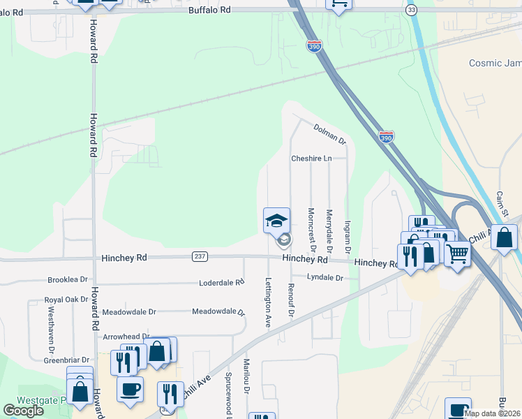 map of restaurants, bars, coffee shops, grocery stores, and more near 55 Lettington Avenue in Rochester