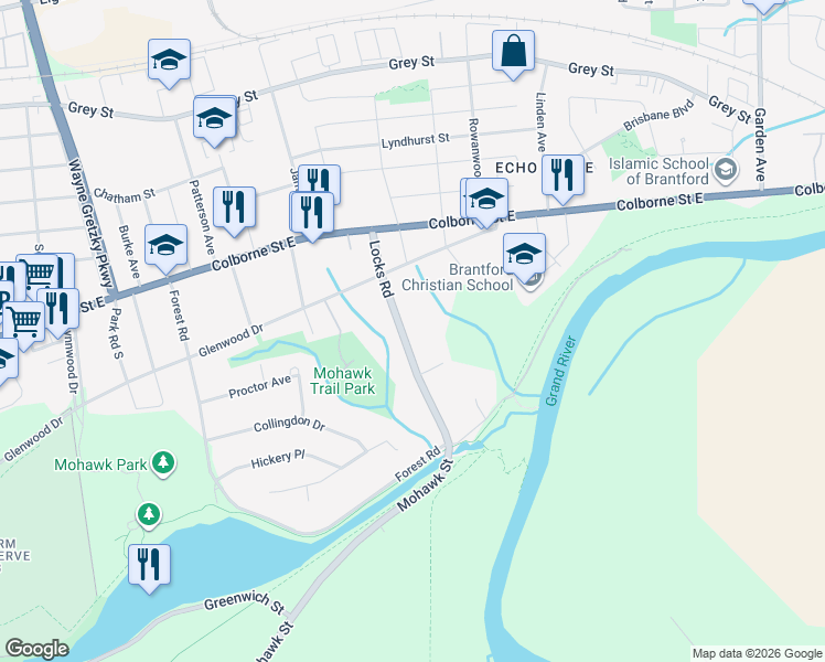 map of restaurants, bars, coffee shops, grocery stores, and more near 43 Locks Road in Brantford