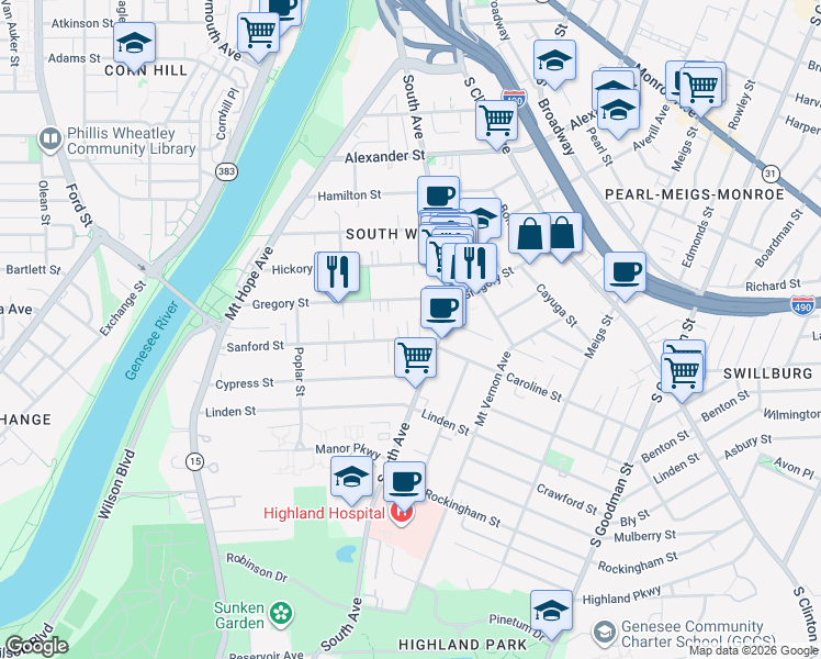 map of restaurants, bars, coffee shops, grocery stores, and more near 268b Sanford Street in Rochester