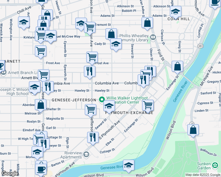 map of restaurants, bars, coffee shops, grocery stores, and more near 289 Reynolds Street in Rochester