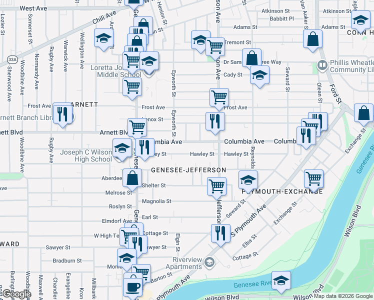map of restaurants, bars, coffee shops, grocery stores, and more near 385 Columbia Avenue in Rochester