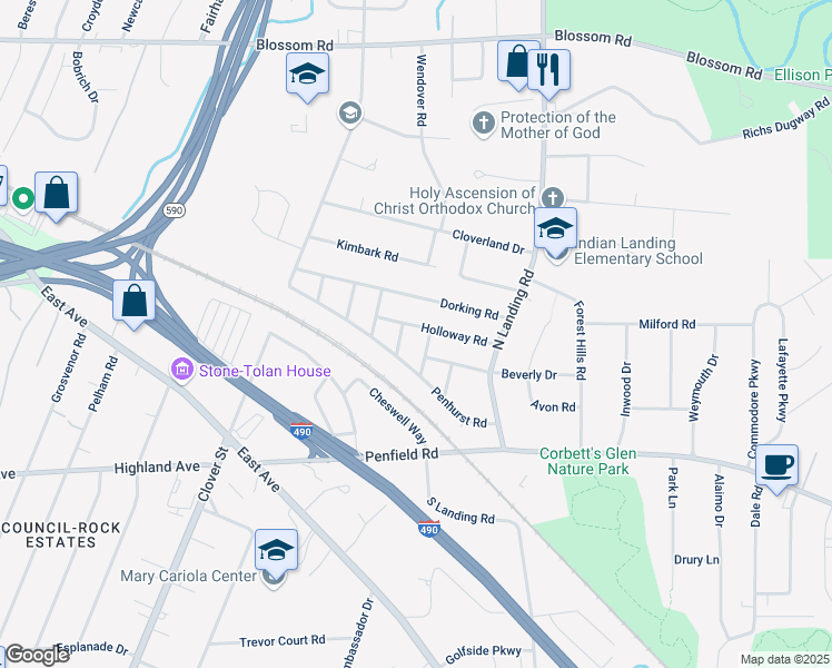 map of restaurants, bars, coffee shops, grocery stores, and more near 42 Holloway Road in Rochester