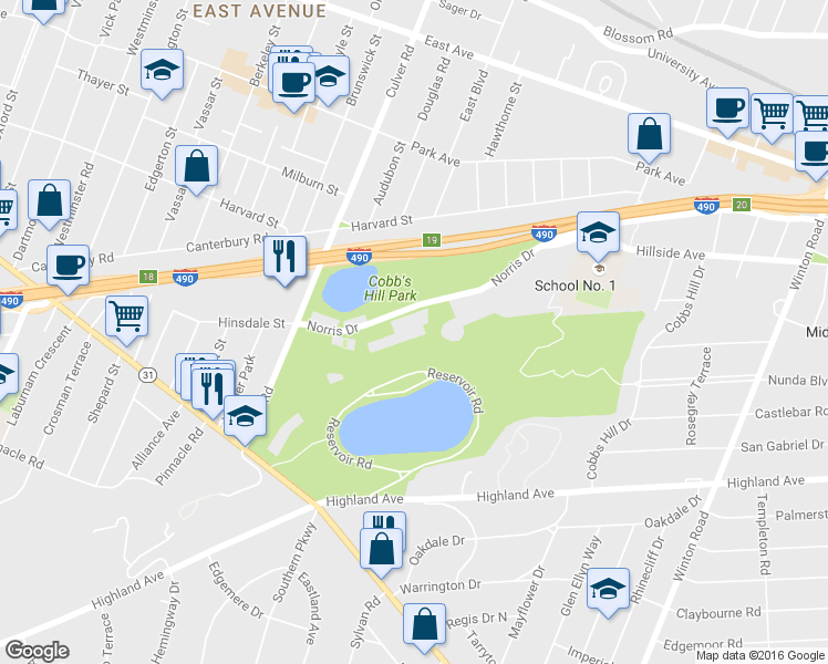 map of restaurants, bars, coffee shops, grocery stores, and more near 645 Norris Drive in Rochester