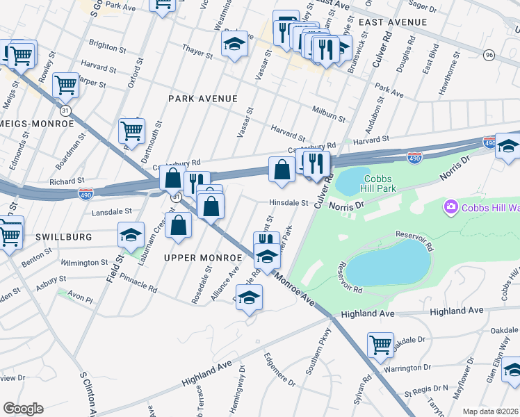 map of restaurants, bars, coffee shops, grocery stores, and more near 28 Hinsdale Street in Rochester