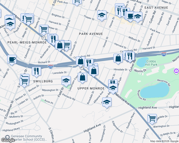 map of restaurants, bars, coffee shops, grocery stores, and more near 55 Luzerne Street in Rochester