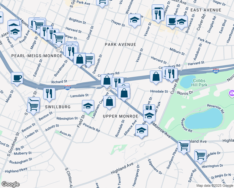 map of restaurants, bars, coffee shops, grocery stores, and more near 902 Monroe Avenue in Rochester