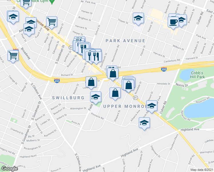 map of restaurants, bars, coffee shops, grocery stores, and more near 36 Field Street in Rochester