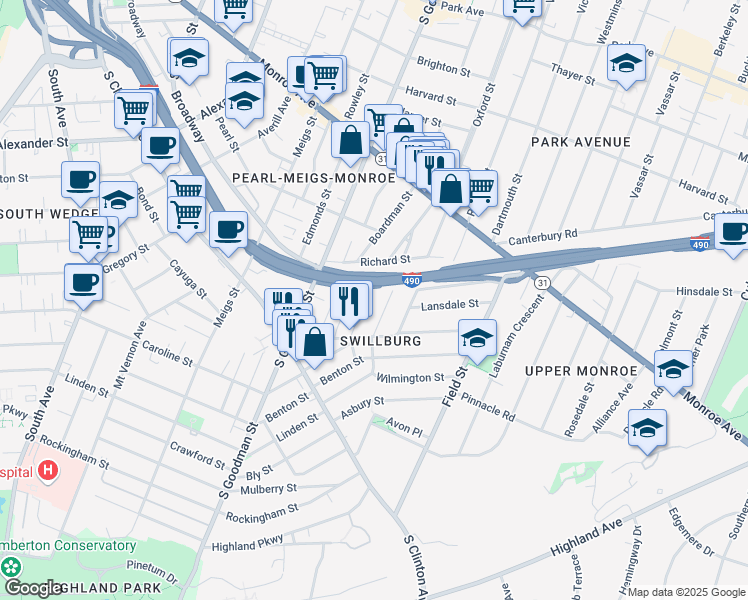 map of restaurants, bars, coffee shops, grocery stores, and more near 84 Allmeroth Street in Rochester