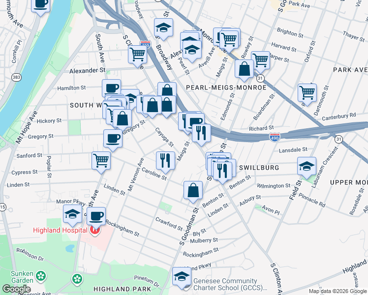 map of restaurants, bars, coffee shops, grocery stores, and more near 658 Meigs Street in Rochester