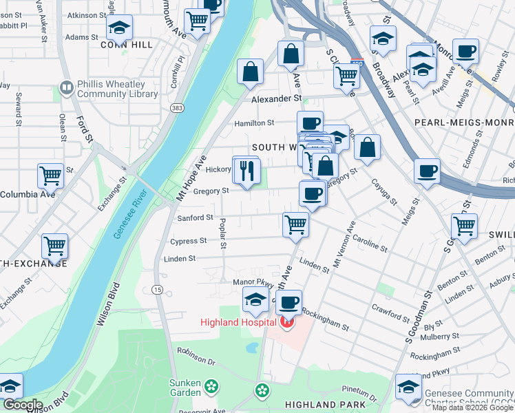 map of restaurants, bars, coffee shops, grocery stores, and more near 164 Ashland Street in Rochester