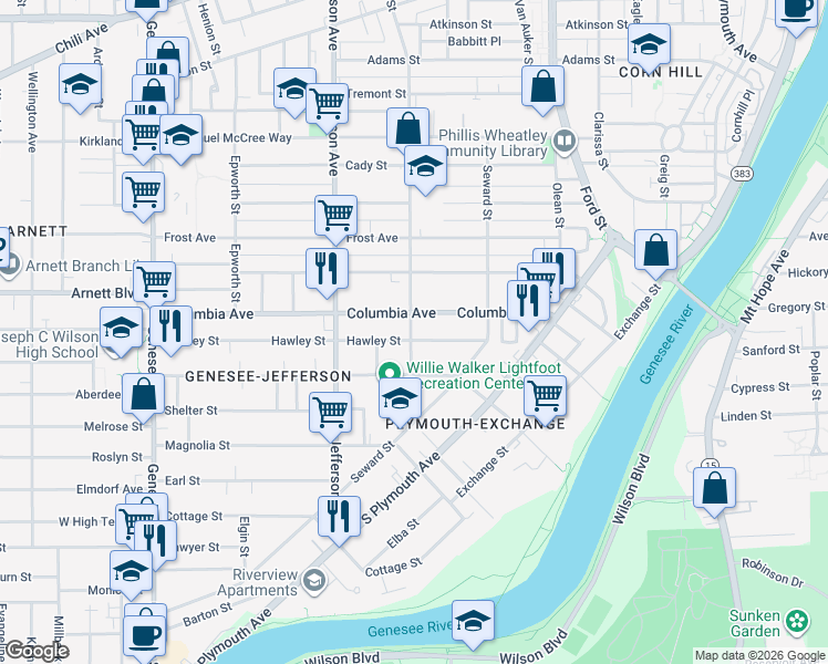 map of restaurants, bars, coffee shops, grocery stores, and more near 221 Columbia Avenue in Rochester
