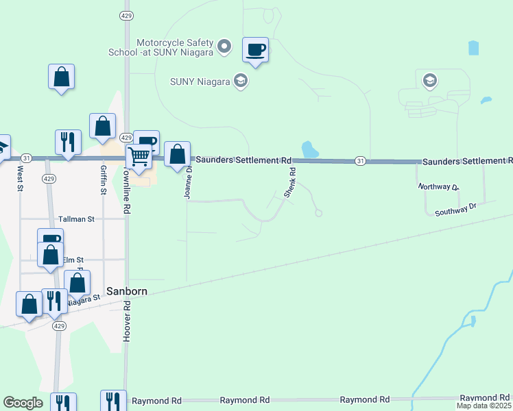 map of restaurants, bars, coffee shops, grocery stores, and more near 3072 Shenk Road in Sanborn