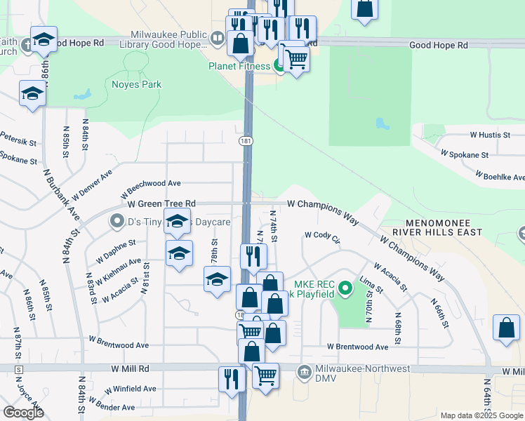 map of restaurants, bars, coffee shops, grocery stores, and more near in Milwaukee