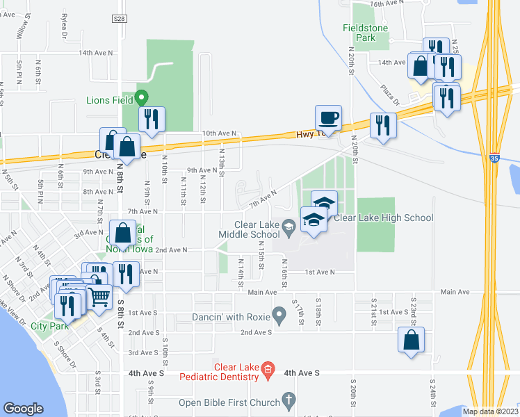 map of restaurants, bars, coffee shops, grocery stores, and more near 30 Shetland Drive in Clear Lake