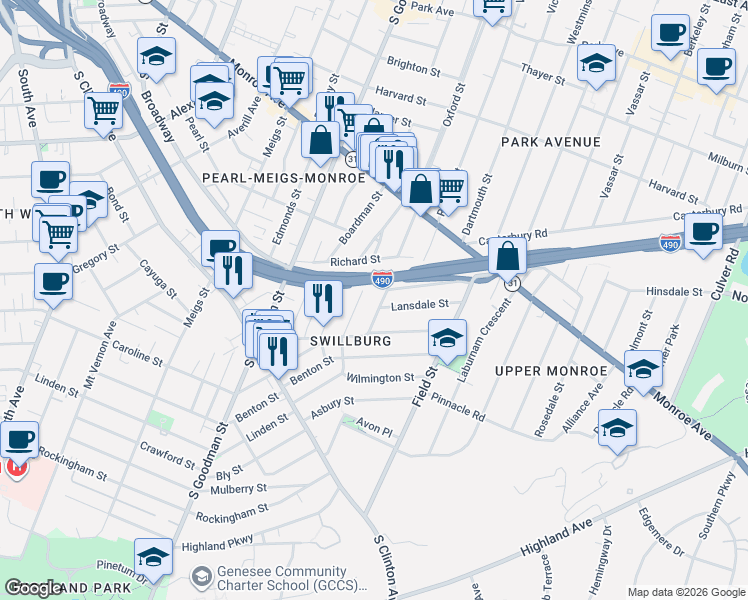 map of restaurants, bars, coffee shops, grocery stores, and more near 73 Nelson Street in Rochester