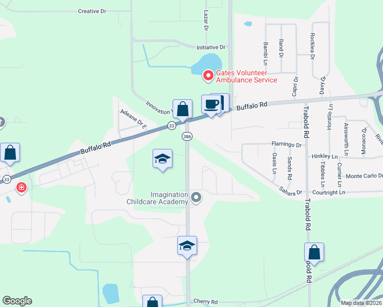 map of restaurants, bars, coffee shops, grocery stores, and more near 76 New York 386 in Rochester